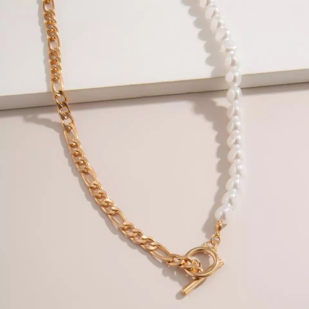 Yellow Gold Plated Faux Pearl Toggle Necklace - Picture 2 of 6